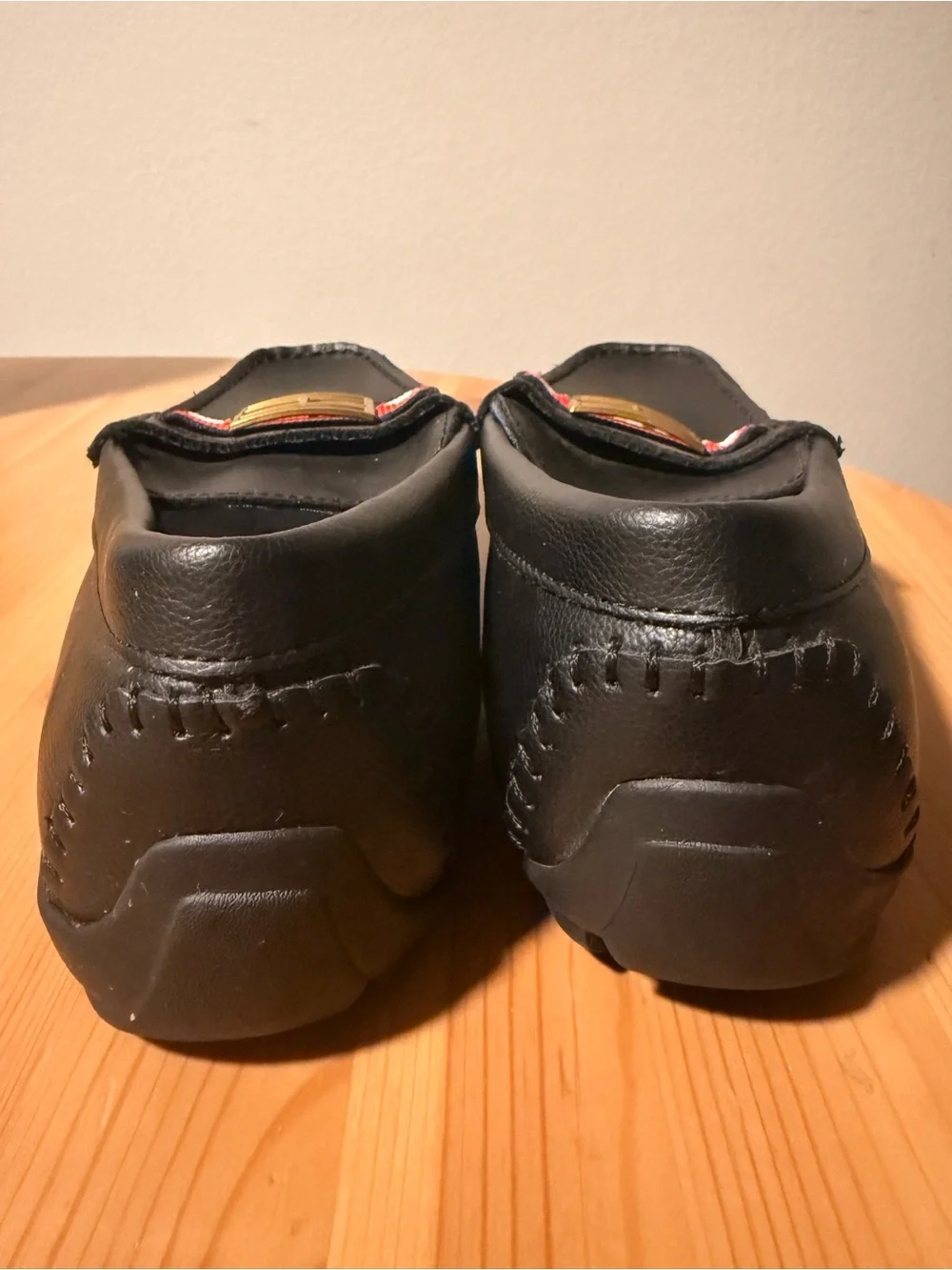 Tommy Hilfiger Black Faux Le Loafers with Red-White-Blue Ribbon and Gold Buckle